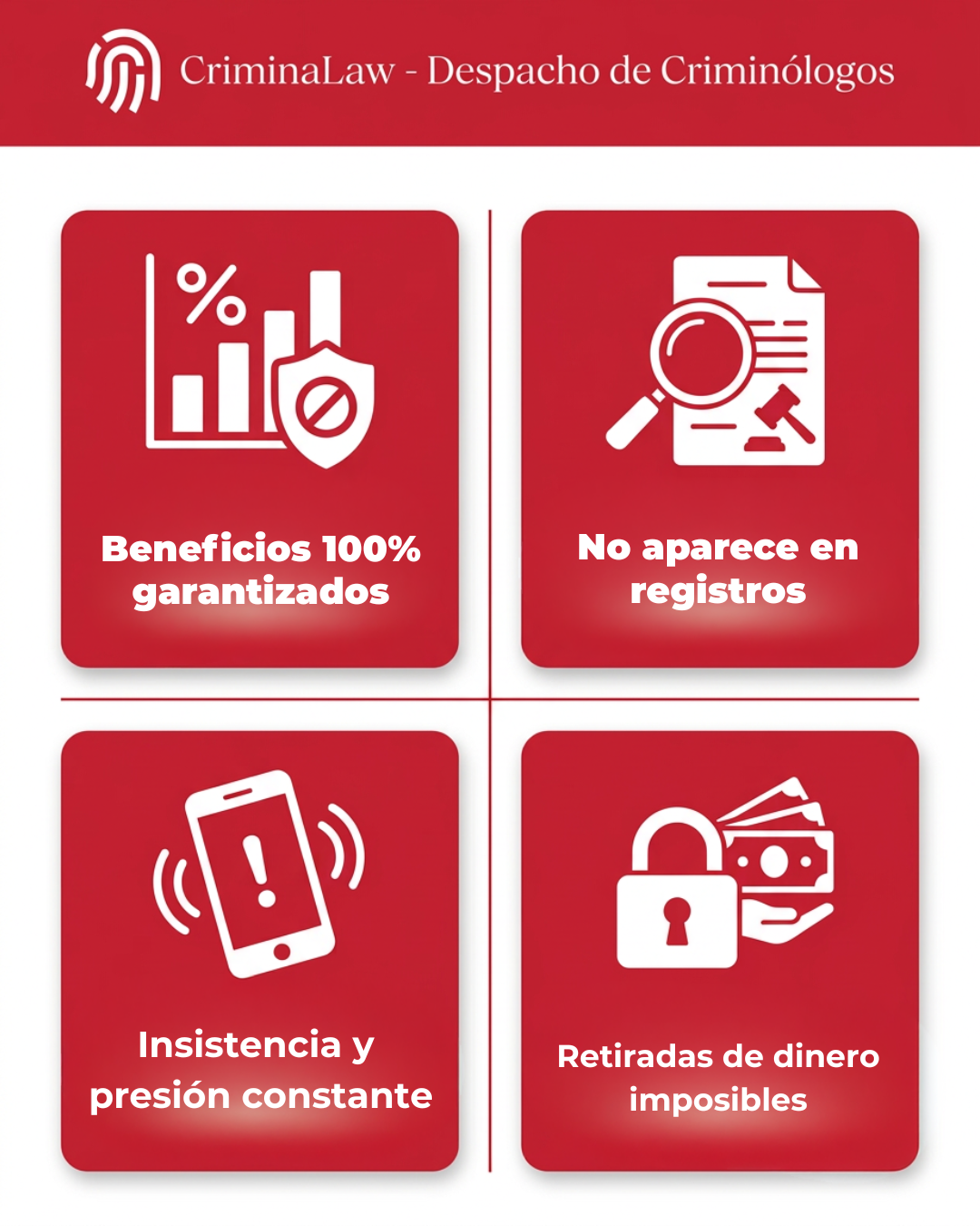 Infografía corporativa con las cuatro señales de alerta para detectar un bróker fraudulento.