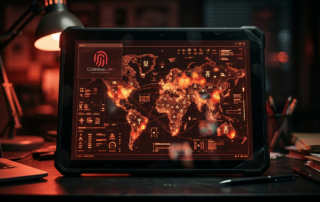 Fotografía cinematográfica realista de plano cerrado sobre la pantalla de una tablet de alta gama en un entorno de análisis criminológico. La pantalla muestra un complejo mapa digital interactivo de una gran ciudad con proyecciones de futuro y puntos de calor de actividad delictiva predicha. Toda la interfaz está llena de gráficos, leyendas y elementos visuales de datos, pero no hay NINGÚN texto legible, solo símbolos abstractos y garabatos que simulan ser etiquetas de datos. La escena está iluminada dramáticamente por un resplandor ambiental en tonos rojizos intensos y ámbar que emana de la propia pantalla y de una lámpara de escritorio lateral. No hay personas ni rostros visibles. La profundidad de campo es muy baja, enfocando solo la pantalla.
